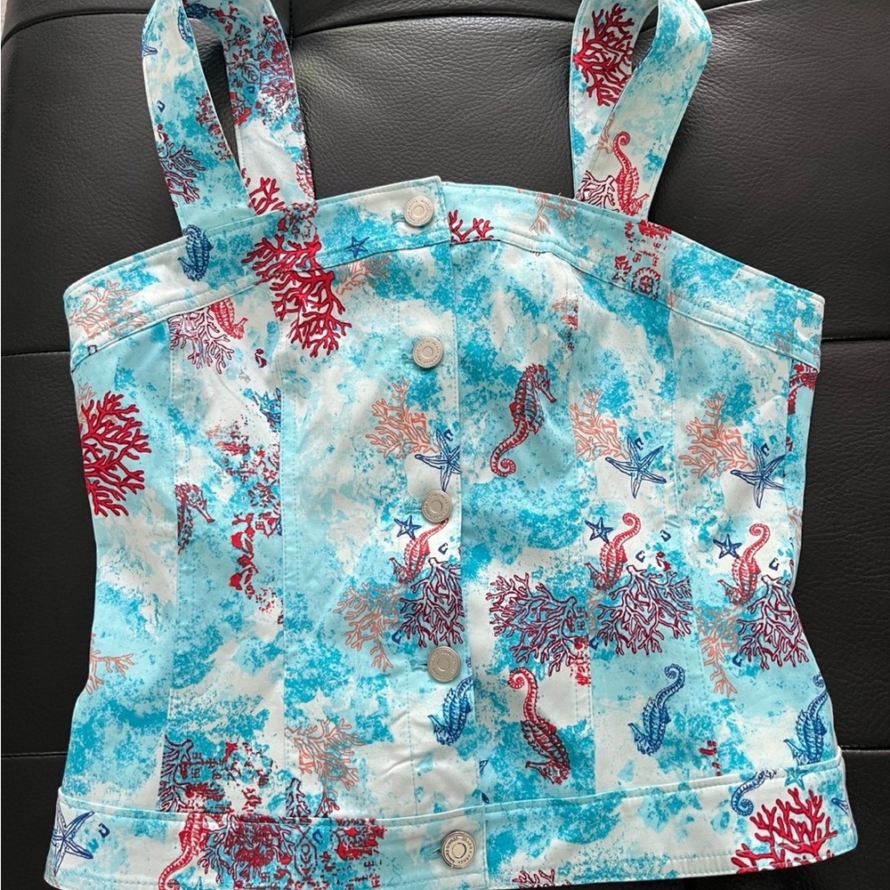 White House Black Market Teal and Coral Print Top